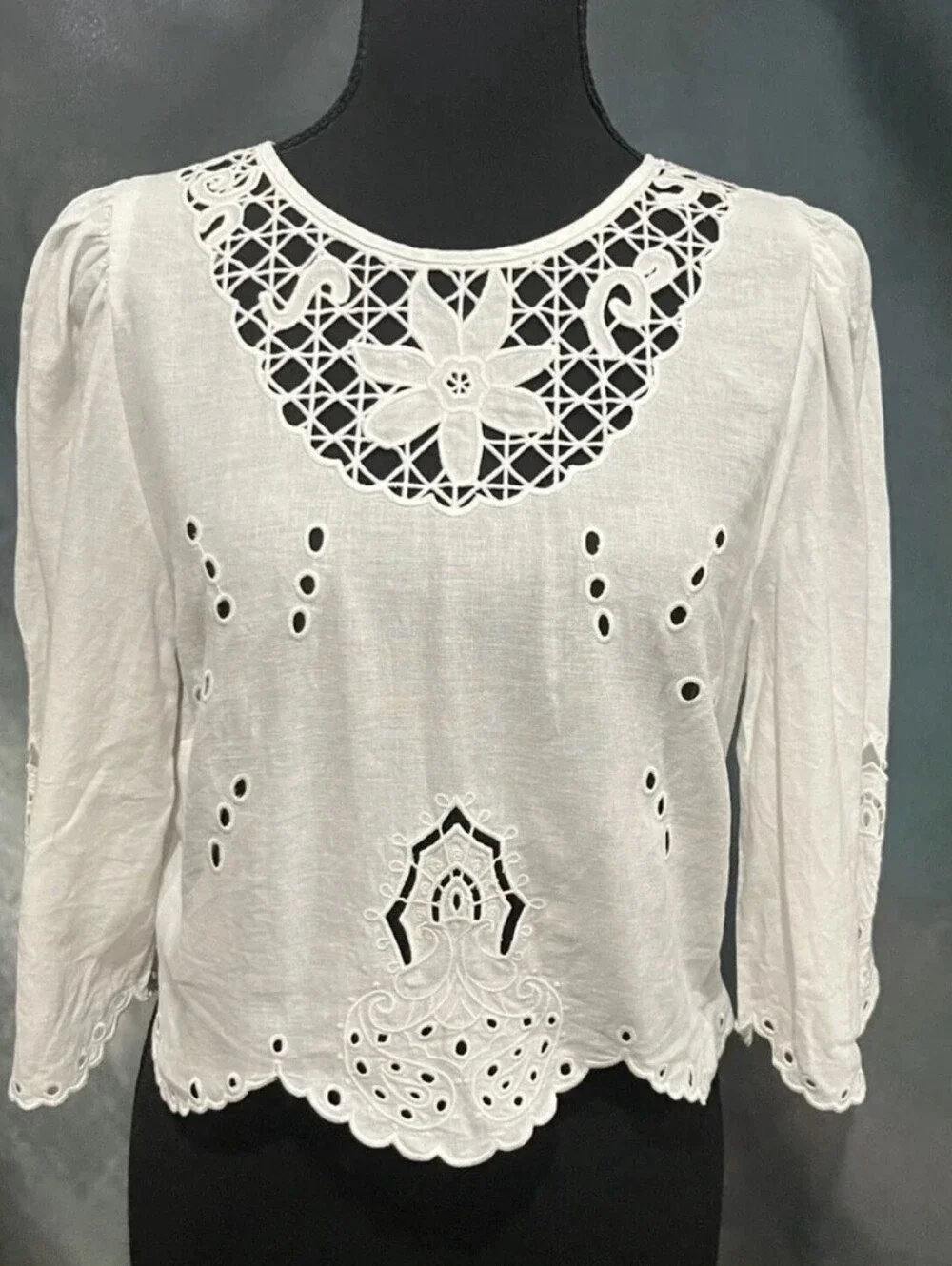 H&M Linen Blend Eyelet Crochet Blouse White Long Sleeve Crop Top Small NWOT